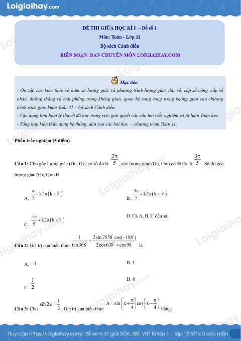 Đề thi giữa kì 1 Toán 11 Cánh diều - Đề số 1